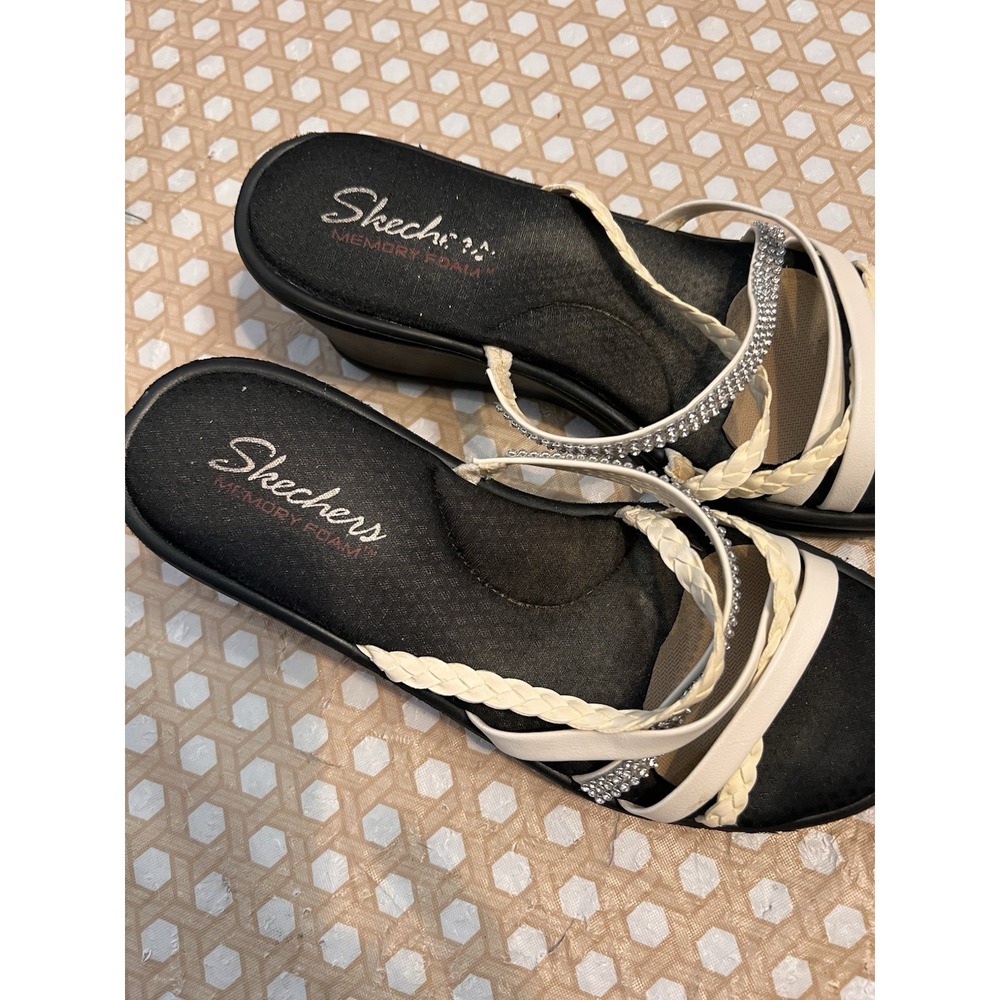 Skechers Women's Memory Foam Strappy Wedge Slip-On Sandals Rhinestone Size 10